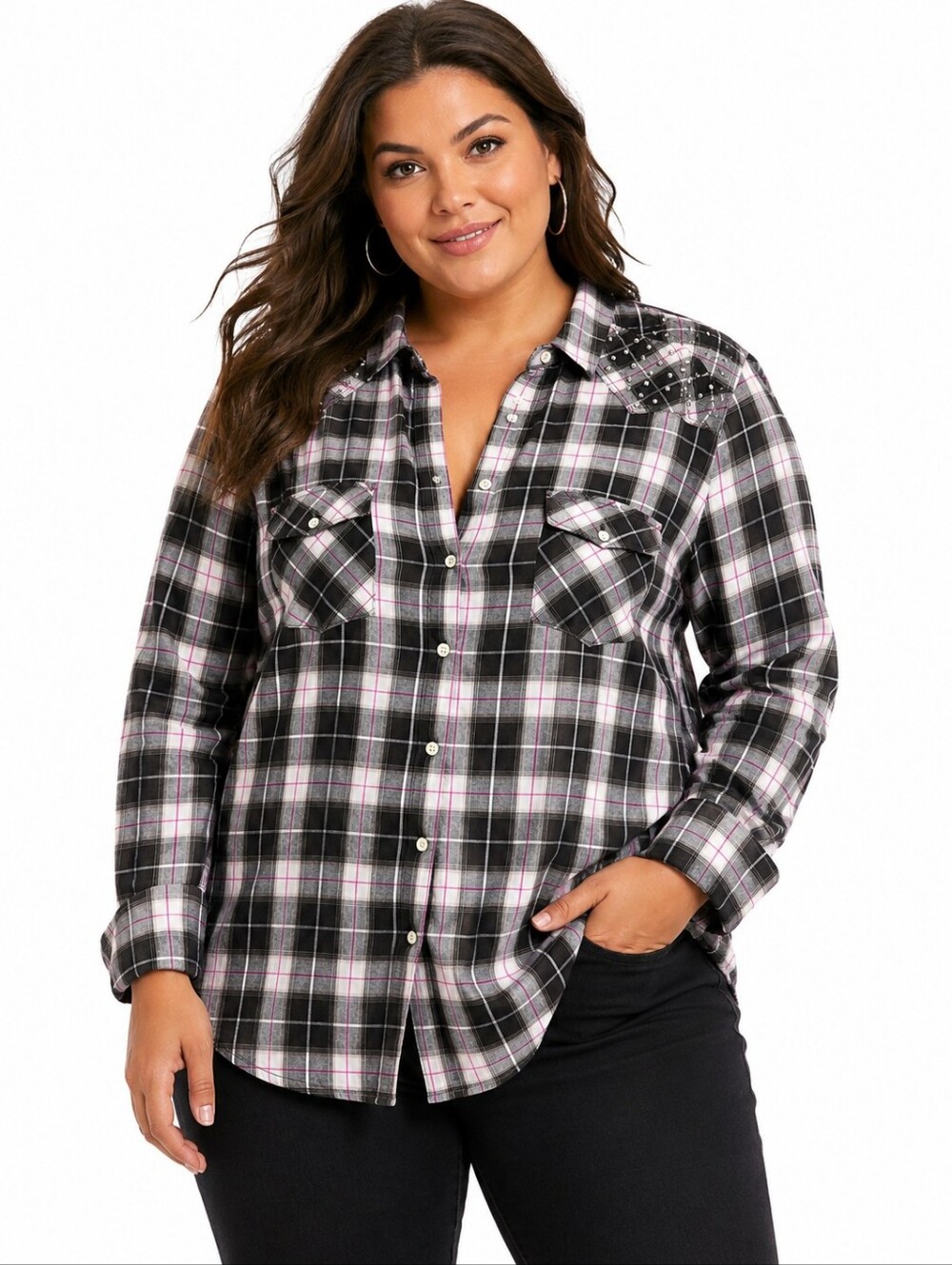 Torrid Size 4 Plaid Studded Button Front Shirt Black Gray Pink Plus Size 4X